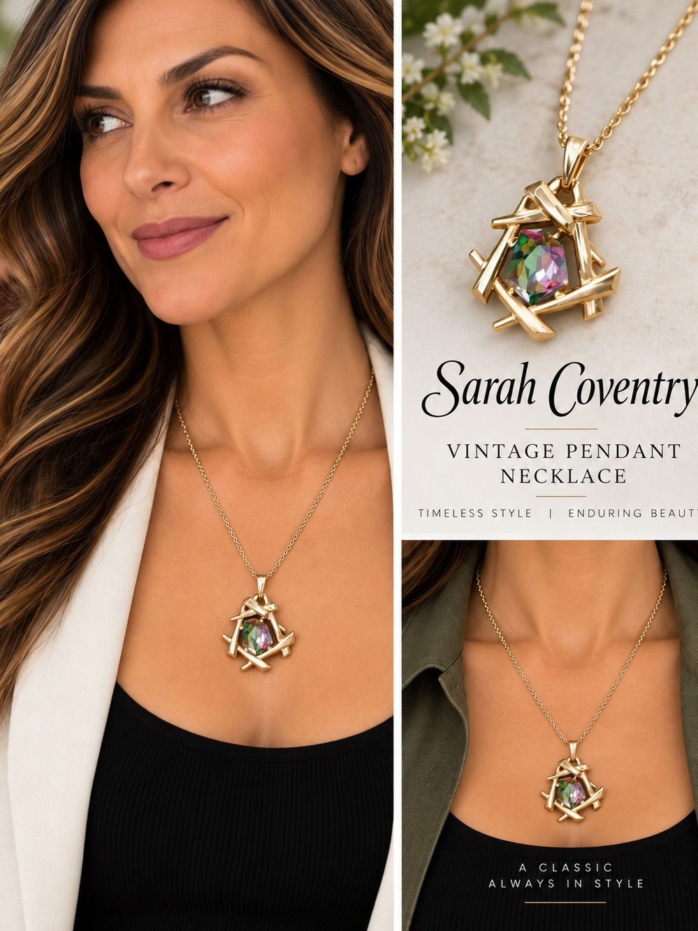 Sarah Coventry Gold Tone Necklace with Iridescent Multicolor Stone